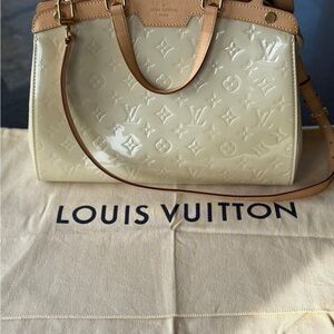 Louis Vuitton Cream and Tan Satchel with Embossed Leather and Gold Accents